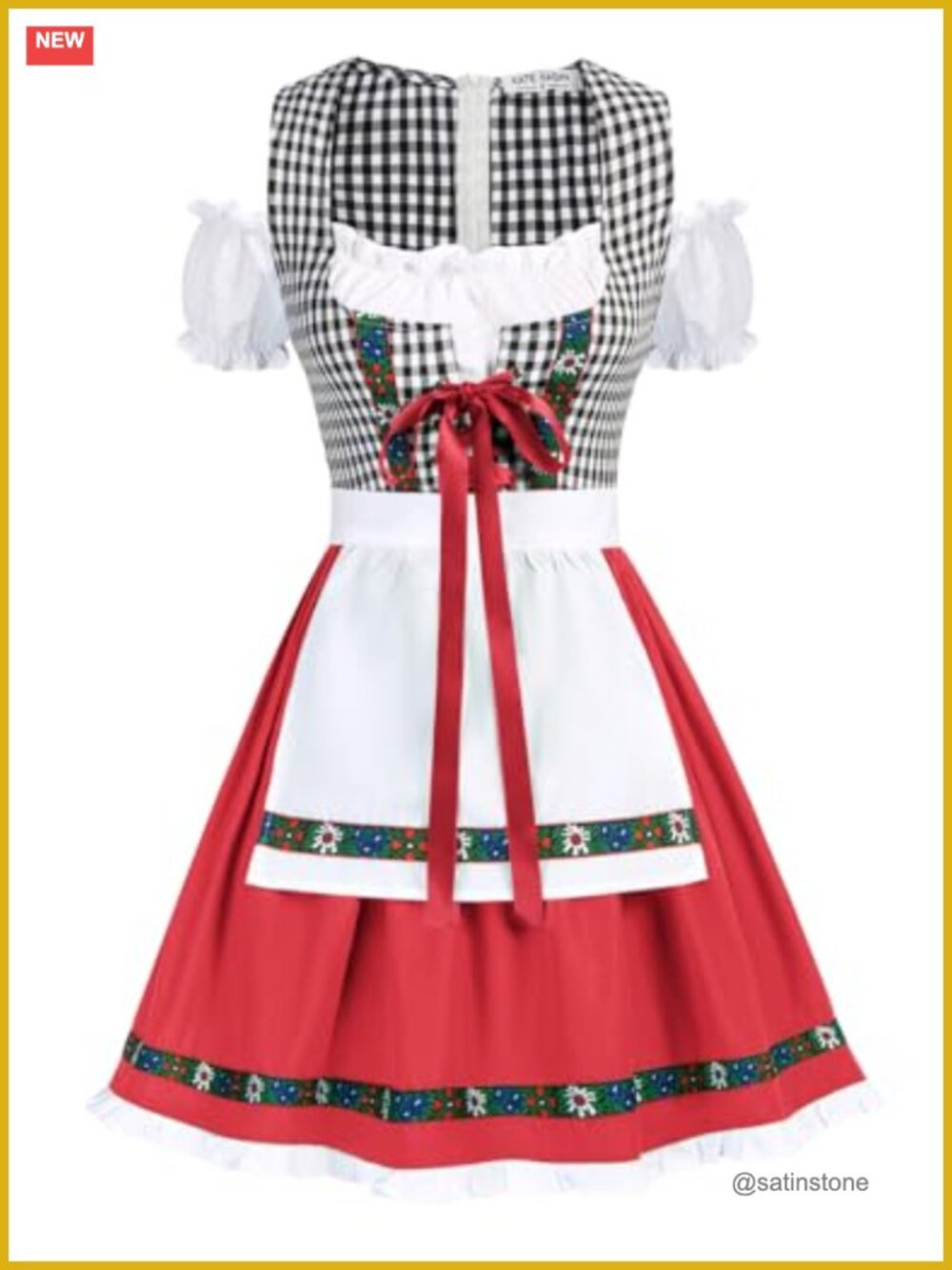 German Bavarian Dirndl Dress Costume, Plaid Tie Waist, Short Sleeve Cold